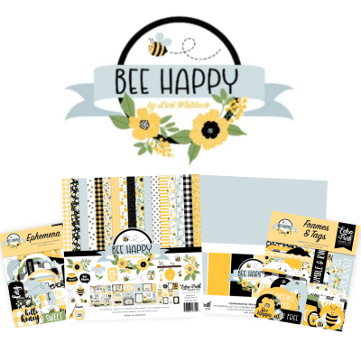 Conjunto Bee Happy para scrapbooking com papéis, etiquetas e quadros com tema de abelhas em amarelo, preto, branco e azul claro