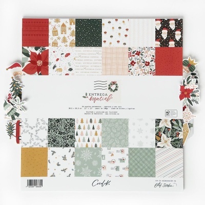 Papel de decoupage natalício com padrões quadrados coloridos e texto 'ENTREGA ESPECIAL'