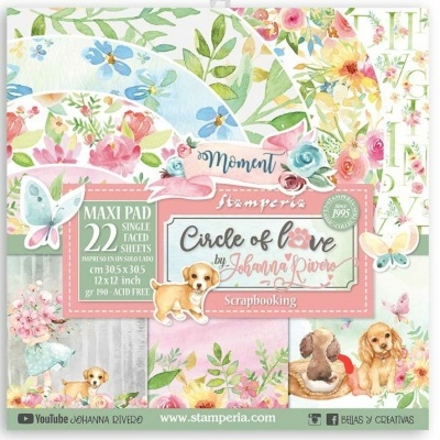 Pack scrapbooking Stamperia Circle of Love desenhos flores, borboletas e cachorros coloridos
