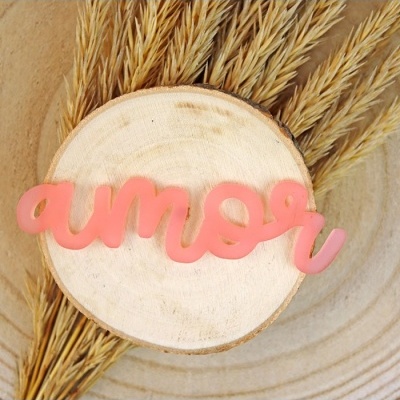 Palavra 'amor' rosa em madeira redonda com ramos secos ao fundo