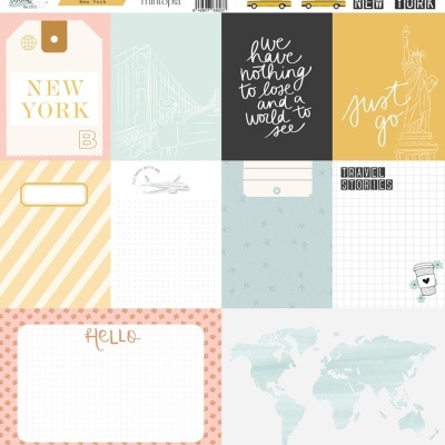 Design gráfico multi-blocos com temas de viagem e texto inspirador