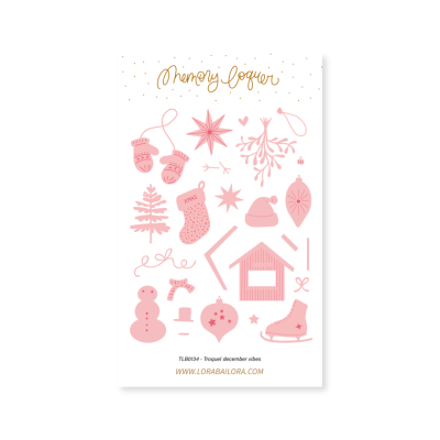 Cartaz natalício branco com ilustrações rosas de vários elementos de Natal e texto decorativo.