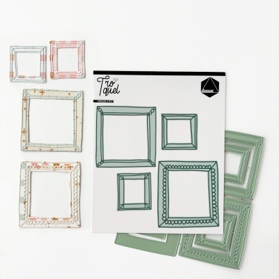 Conjunto de molduras decorativas transparentes e verdes com folheto ilustrativo no centro