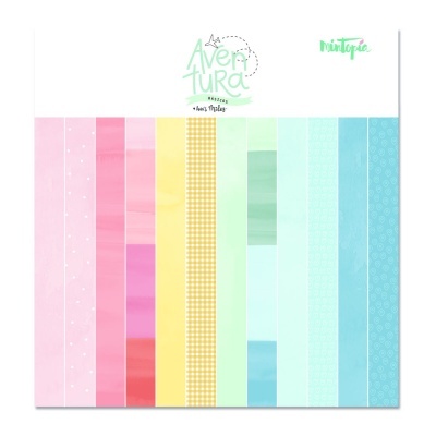 Folhas de papel decorativo coloridas com padrões e texto no topo