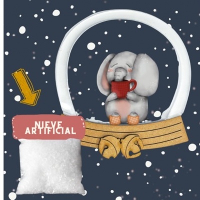 Ornamento de elefante com chávena vermelha e neve artificial em pó