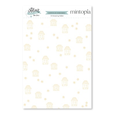 Embossing folder Mintopía com padrão de casas e flocos de neve