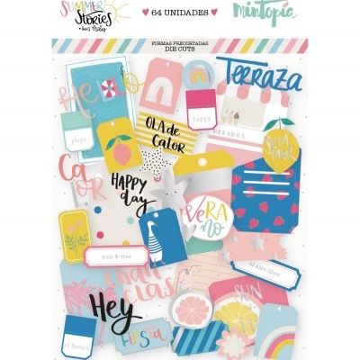 Recortes de papel coloridos com temas e palavras relacionadas ao verão.