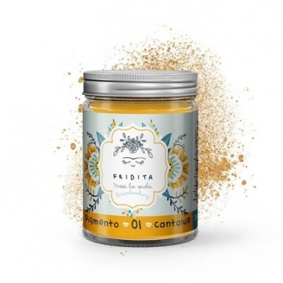 Frasco de pigmento amarelo decorado com flores e texto, com tampa metálica