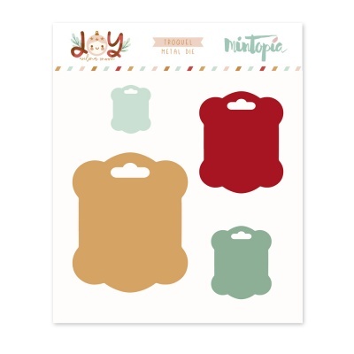 Conjunto de quatro cortantes metálicos para etiquetas em várias cores, apresentados em cartão branco