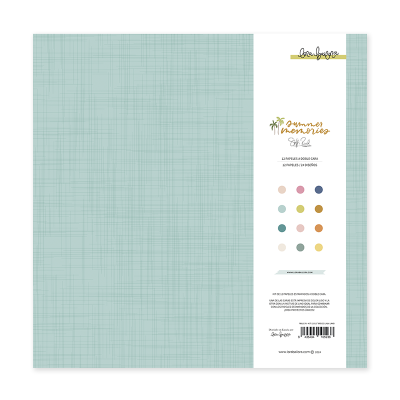 Papel decorativo azul esverdeado padrão xadrez com faixa branca lateral e texto 'Summer Memories'