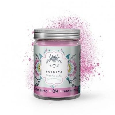 Frasco de pigmento rosa com tampa metálica e etiqueta floral.