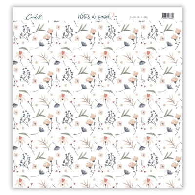 Papel decorativo com padrão floral delicado em cores suaves sobre fundo branco.