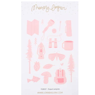 Desenhos cor-de-rosa de objetos de campismo com texto dourado e branco.