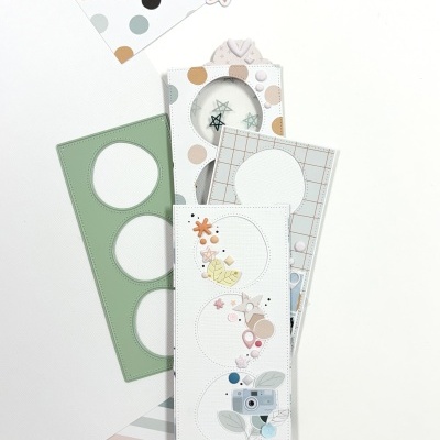 quatro moldes para corte em papel/cartão com desenhos e padrão de bolinhas coloridas