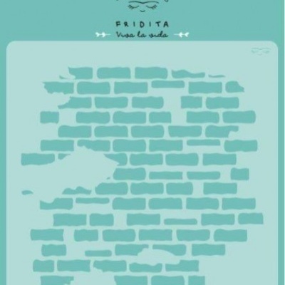 Stencil plástico azul com padrão de tijolos, texto REF: FS0045, tamanho 15x15, marca FRIDITA Viva la vida