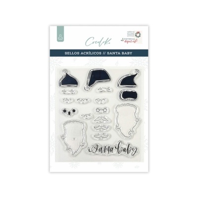 Conjunto de selos acrílicos com tema Santa Baby em embalagem branca com detalhes azuis