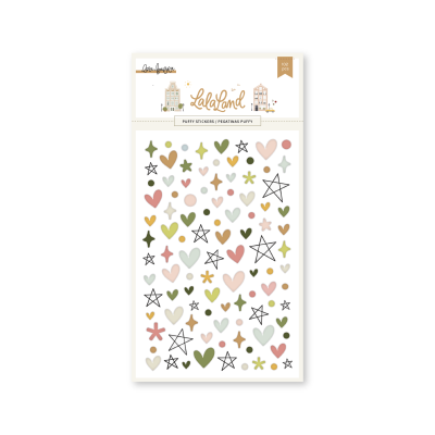 Folha de autocolantes Puffy com corações e estrelas coloridas em embalagem