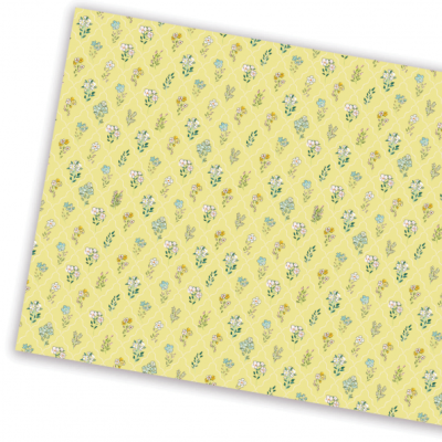 Papel decorativo amarelo com padrão floral colorido