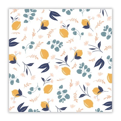 Padrão floral com flores amarelas e folhas azuis e verdes em fundo branco