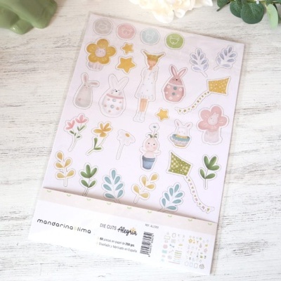 Conjunto de autocolantes coloridos com motivos de flores, coelhos e folhas em fundo branco