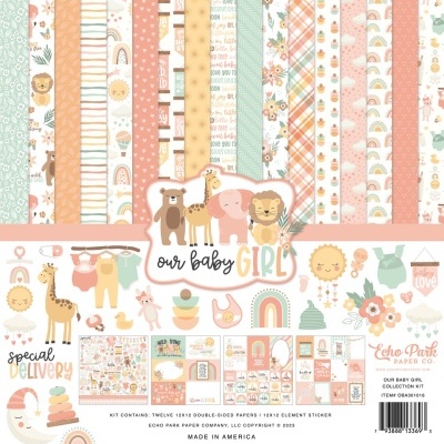 Conjunto de papel de scrapbooking com temas de bebé e padrões coloridos