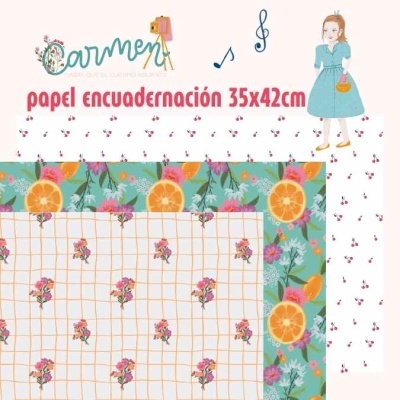 Papel de encadernação 35x42cm com padrões florais, laranja fatiada e grelha laranja, texto e ilustração de menina com vestido azul