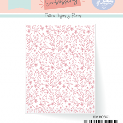Carpeta embossing com padrão de folhas e flores e texto em espanhol em fundo branco