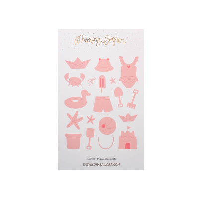 Cartela de tatuagens temporárias cor-de-rosa com figuras de verão e texto Memory Lounger