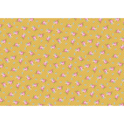Tecido amarelo com padrão floral de pequenas flores rosas e brancas