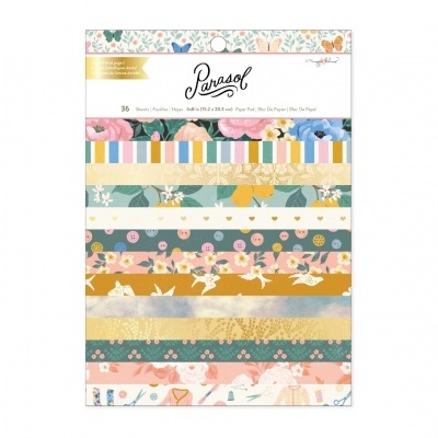 Folhas de papel decorativo Parasol com padrões florais, listras coloridas e detalhes dourados