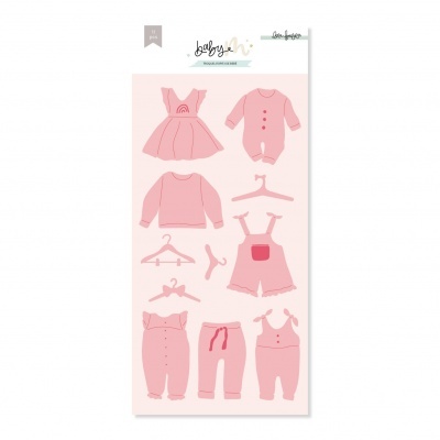 Autocolantes de fatos de bebé rosa com vários desenhos e texto no topo