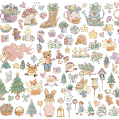 Ilustrações em estilo desenhos animados de inverno e Natal com bonecos de neve, árvores, animais e decorações