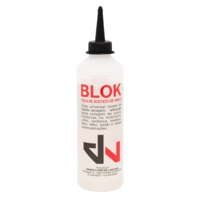 Garrafa plástica branca com tampa preta contendo cola BLOK