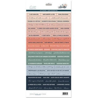 Folha de autocolantes com frases em espanhol em várias cores pastel para decoração