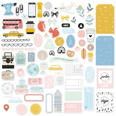 Conjunto de autocolantes variados com imagens de transporte, natureza, objetos e texto coloridos