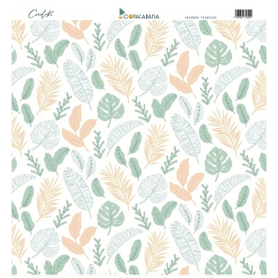Papel decorativo com padrão de folhas tropicais em verde e laranja