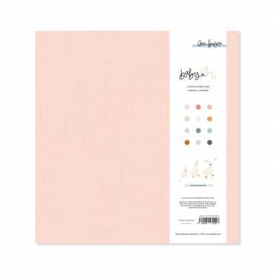 Bloco de papel colorido rosa claro com etiqueta branca com amostras de cores e desenho de patos