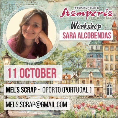 Flyer workshop Stamperia com foto da instrutora, data 11 OCTOBER e contactos.