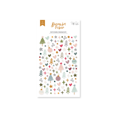 Folha de autocolantes de pelúcia December Vibes com 131 peças em formas natalícias coloridas.