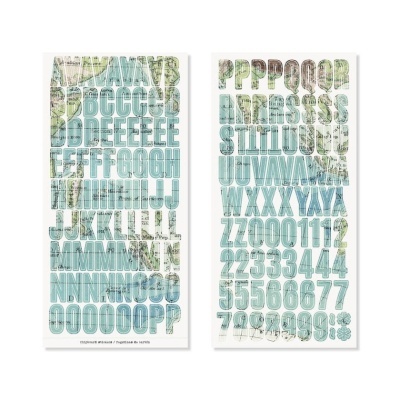 Autocolantes chipboard com letras e números em padrão mapa azul e verde