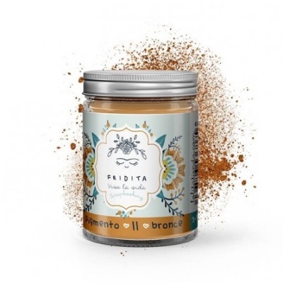 Frasco de vidro com pigmento bronze e rótulo azul e laranja.