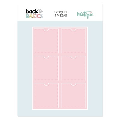 Pacote de troquel com seis quadrados cor-de-rosa em fundo branco e azul claro