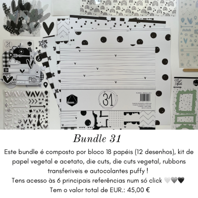 Kit de papelaria preto e branco para scrapbook com vários padrões e acessórios.