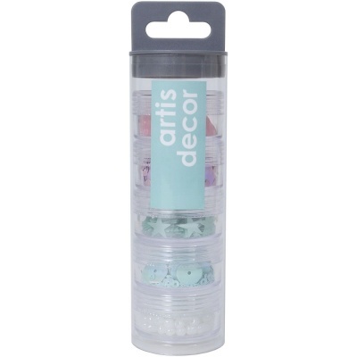 Conjunto de recipientes transparentes com miçangas e lantejoulas de cores suaves