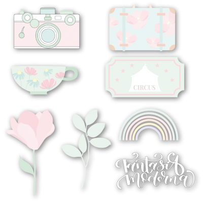 Autocolantes com tema floral, arco-íris, mala e texto em português