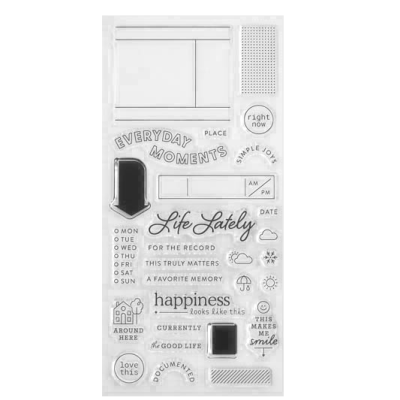 Carimbos transparentes com frases e ícones para decoração e organização