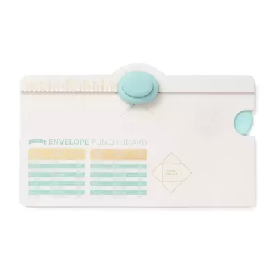 Tabuleiro branco para fabricar envelopes com régua e botão azul claro