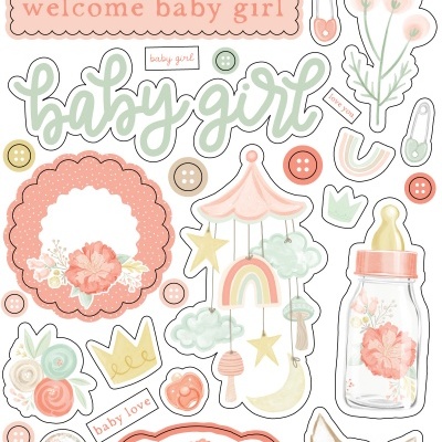 Conjunto de adesivos puffies com temas de bebé e cores pastel, incluindo textos e imagens de animais, flores e objetos infantis.