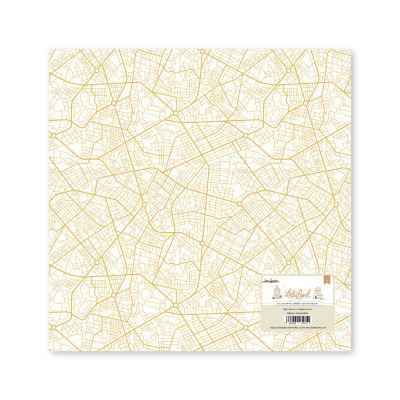 Pacote com padrão de mapa dourado sobre fundo branco e etiqueta com código de barras