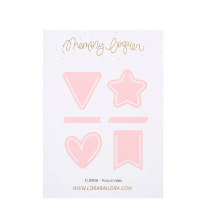 Conjunto de clips de papel rosa em várias formas, em cartão branco com texto dourado